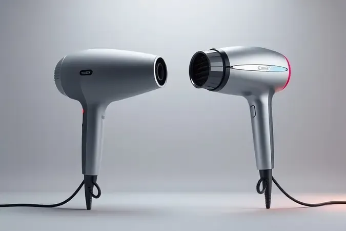 Comparação conceitual entre secador comum e profissional em render 3D com estúdio minimalista.