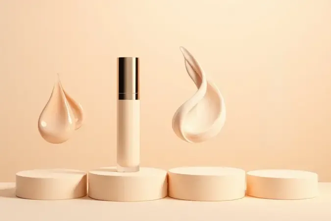 Render 3D de quatro texturas de base líquida, bastão, creme e spray em tons neutros sobre superfícies limpas.