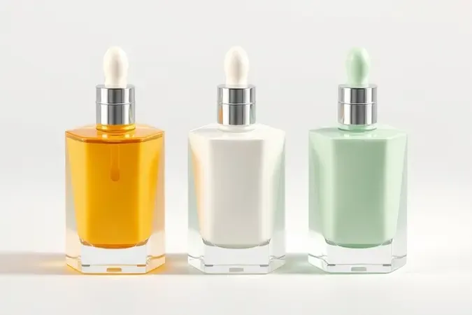 Três frascos geométricos de vidro com séruns de cores diferentes representando tipos variados de sérum facial em renderização 3D.