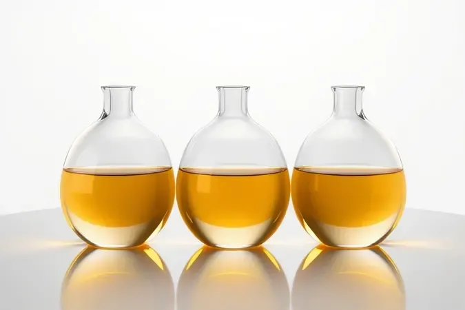 Render 3D conceitual mostrando três frascos abstratos com diferentes concentrações de perfume em superfície reflexiva com iluminação profissional