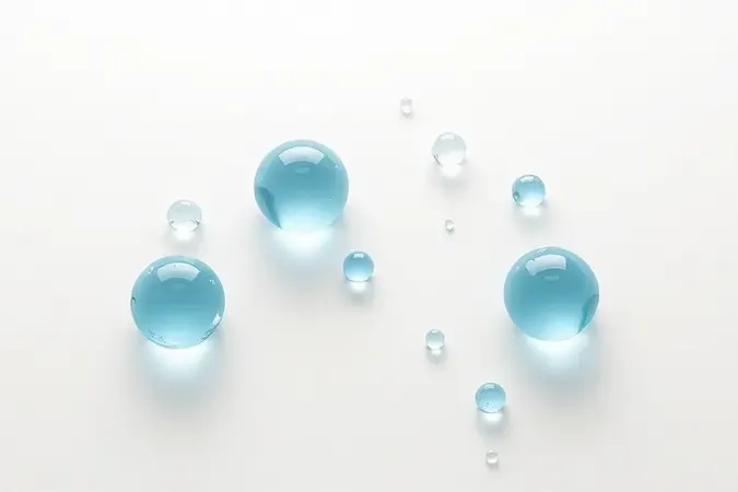 Render 3D conceitual mostrando equilíbrio entre hidratação e oleosidade com gotículas de água e textura em gel.