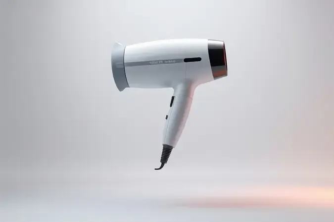 Design ergonômico de secador de cabelo leve em render 3D destacando equilíbrio e conforto.