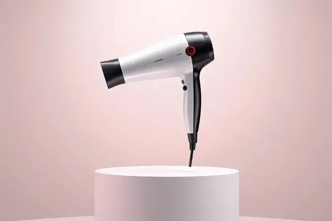 Secador ergonômico e leve em render 3D destacando conforto e design equilibrado.