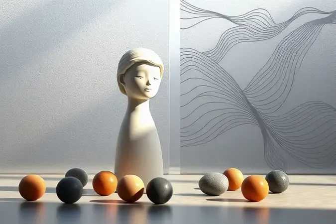 Render 3D conceitual com figura de cerâmica e esferas de pedra representando erros comuns e correções no uso de shampoo e condicionador.