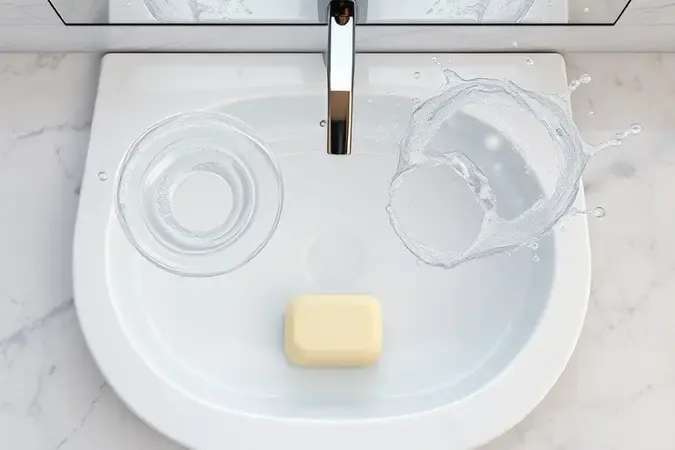Render 3D conceitual de pia moderna com sabonete neutro contrastando limpeza facial suave com esfregação agressiva através de ondulações e respingos.
