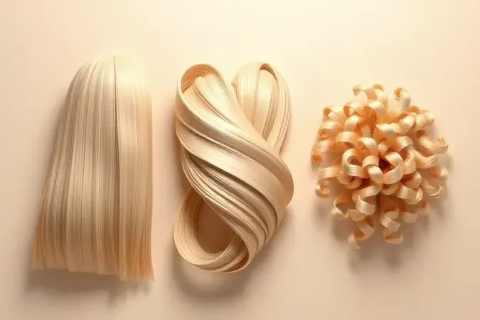 Três tipos abstratos de fios de cabelo representados como formas esculturais elegantes em renderização 3D, ilustrando a escolha do condicionador ideal conforme o tipo de fio.