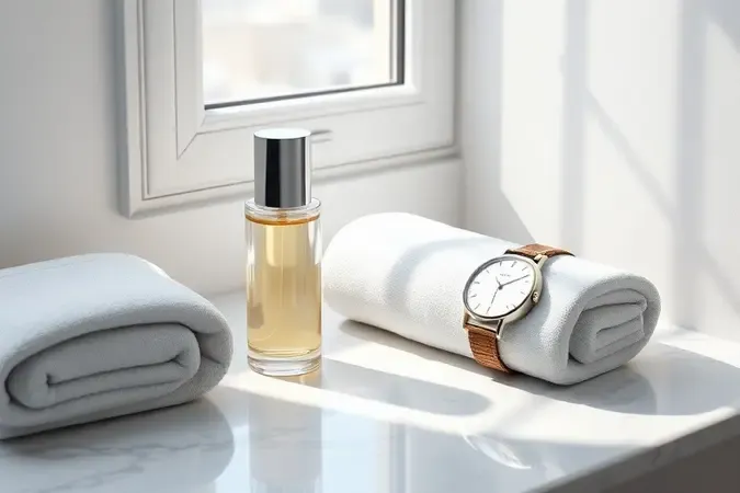 Cena conceitual 3D com frasco de perfume genérico, toalha branca e relógio sobre mármore, representando rotina matinal masculina.
