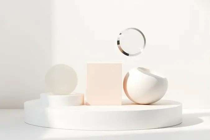 Renderização 3D conceitual de composição minimalista representando escolha de produtos para pele sensível com formas abstratas em tons neutros.