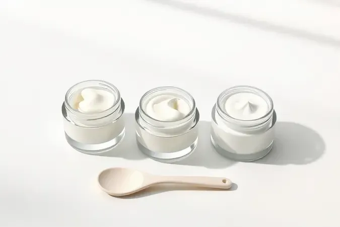 Três texturas de creme em frascos de vidro para cuidados com a pele jovem propensa a estrias