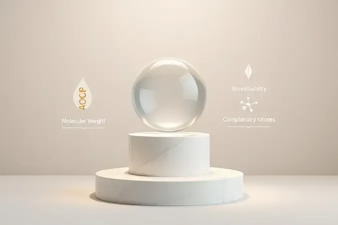 Render 3D minimalista com elementos visuais representando critérios para escolha do melhor colágeno para a pele.