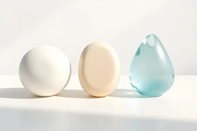 Render 3D conceitual com três formas esculturais abstratas representando características de diferentes hidratantes: oclusivo, emoliente e umectante.