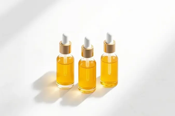 Renderização 3D de frascos de sérum minimalistas em diferentes concentrações sobre superfície de mármore branco.