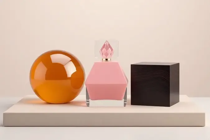 Render 3D conceitual de formas geométricas translúcidas e em madeira representando notas de perfume sobre superfície neutra.