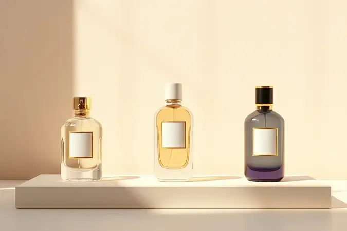 Três frascos de perfume com designs variados representando o processo de escolha da fragrância feminina ideal