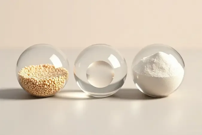 Render 3D comparando métodos de esfoliação físico, químico e enzimático em esferas minimalistas