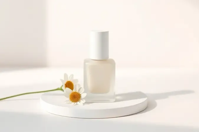 Frasco de esmalte de vidro fosco ao lado de flor de camomila, simbolizando esmalte hipoalergênico e suave para unhas sensíveis.
