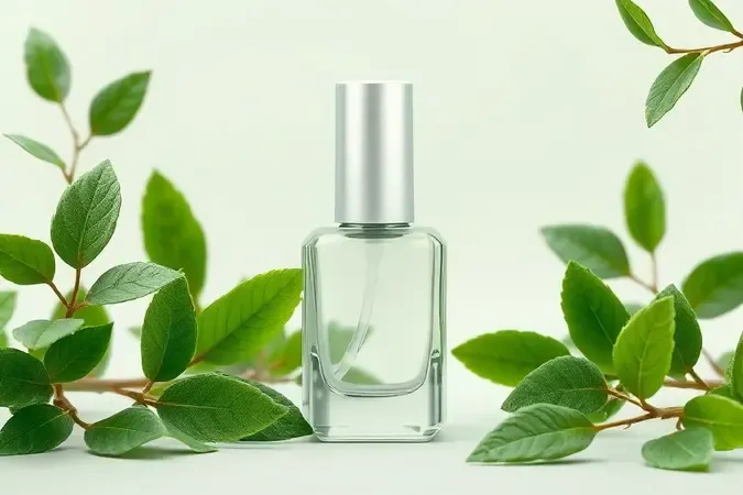 Frasco de esmalte sem marca com folhas naturais representando fórmula hipoalergênica e vegana.