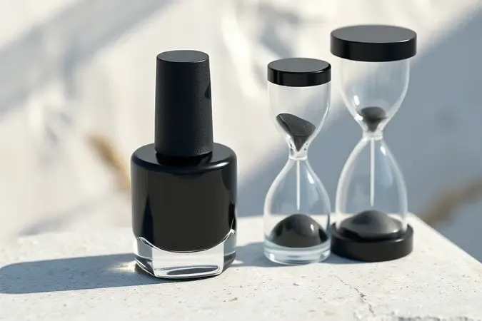Conceito visual de esmalte preto com secagem rápida e ampulheta em renderização 3D clean.