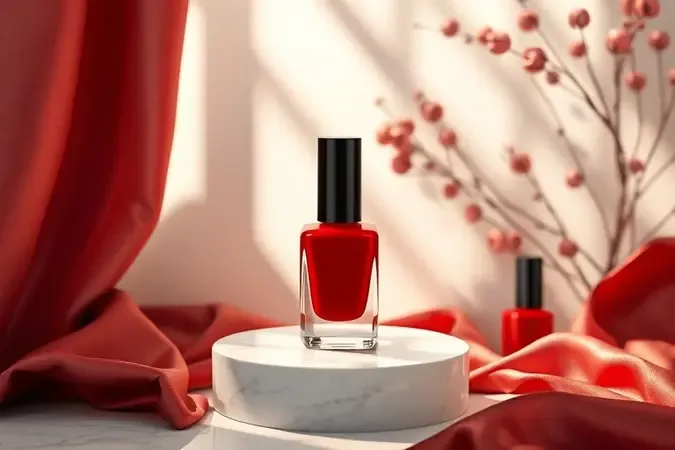 Esmalte vermelho atemporal em cena elegante com iluminação suave e tons neutros