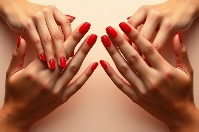 Mãos com diferentes tons de pele exibindo esmalte vermelho em composição conceitual