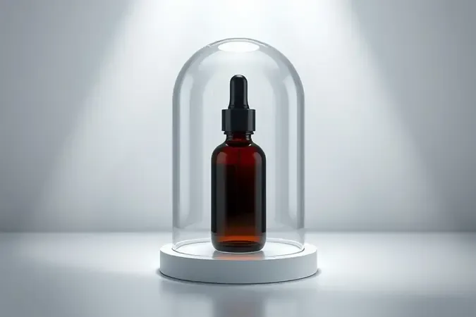Render 3D de frasco âmbar de vitamina C protegido por redoma de vidro representando estabilidade