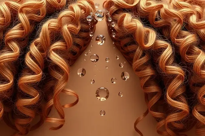 Visualização conceitual 3D da estrutura do cabelo cacheado absorvendo hidratação com gotículas de água.