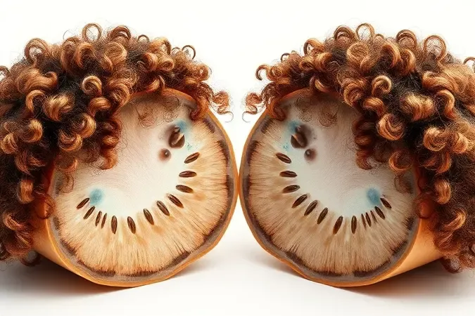 Comparação conceitual em 3D da estrutura do fio de cabelo cacheado seco versus hidratado mostrando cutículas abertas e seladas.