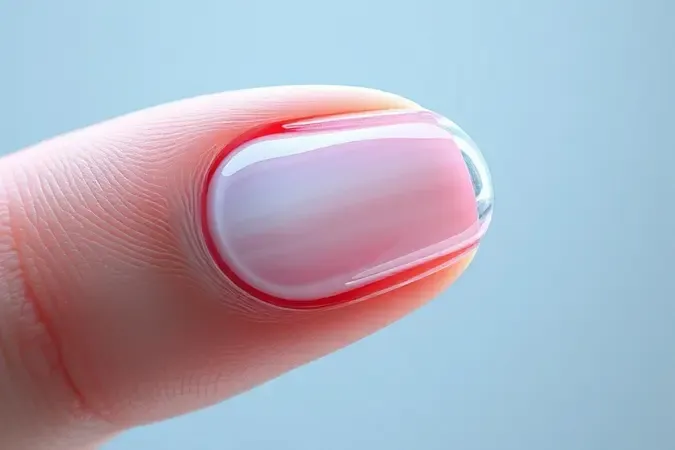 Render 3D conceitual mostrando a estrutura em camadas de uma unha humana com detalhes translúcidos e iluminação suave.
