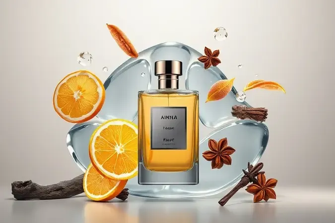 Frasco de perfume masculino com camadas abstratas representando notas olfativas cítricas, amadeiradas e especiadas