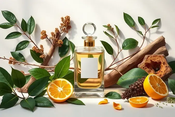Render 3D conceitual de ingredientes naturais da biodiversidade brasileira ao redor de frasco de perfume sem marca.
