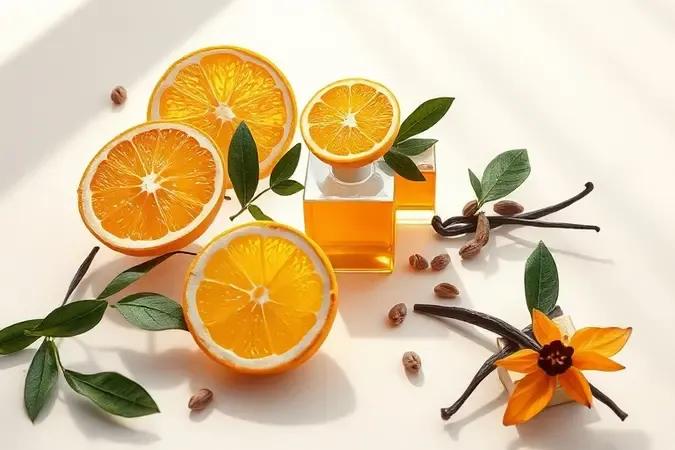 Render 3D conceitual de ingredientes naturais de fragrância como cítricos, madeira, folhas e baunilha flutuando sobre superfície neutra.