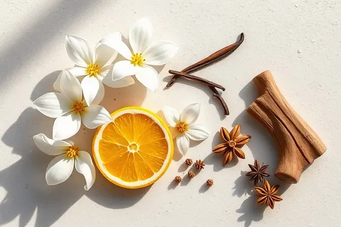 Composição conceitual de famílias olfativas com flores, cítricos, madeiras e especiarias.