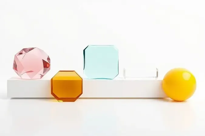 Composição 3D com cinco formas geométricas abstratas representando diferentes famílias olfativas de perfumes femininos.