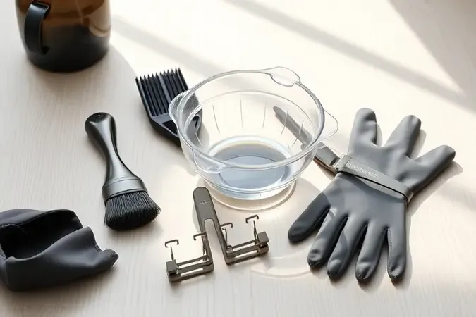 Ferramentas para aplicação de tinta de cabelo em casa incluindo pincel, tigela e grampos em renderização 3D conceitual.