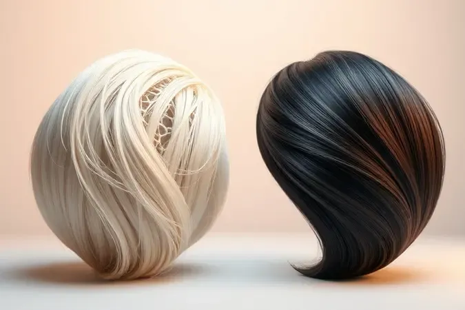 Comparação do resultado da tinta preto azulado em fios descoloridos versus fios virgens.