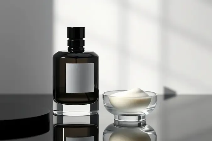 Render 3D de frasco de perfume escuro genérico ao lado de pote com bálsamo hidratante, representando preparação da pele para fixação.
