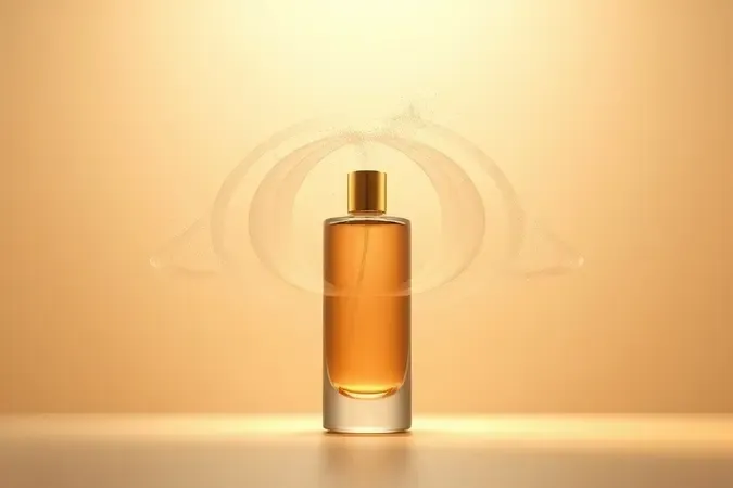 Renderização 3D conceitual sobre fixação e projeção olfativa de perfume feminino amadeirado