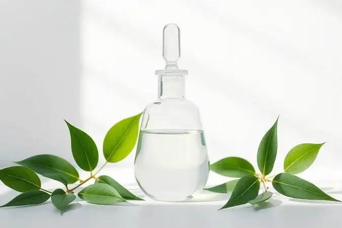 Frasco de laboratório com líquido e folhas verdes simbolizando análise de ingredientes
