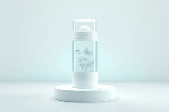 Visualização 3D conceitual de desodorante transparente sem perfume com fórmula cristalina, destacando pureza e suavidade.