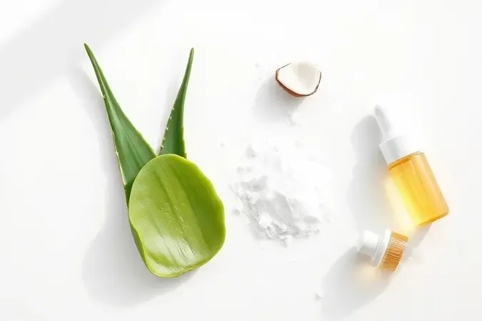 Render 3D conceitual de ingredientes naturais como aloe vera, bicarbonato e coco para desodorante infantil sem alumínio.
