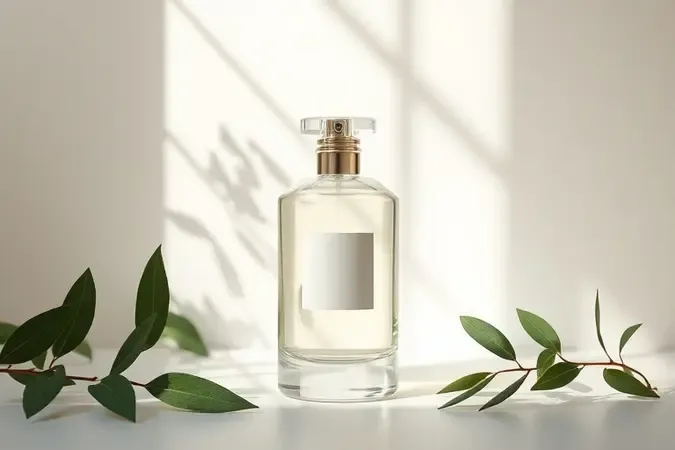 Render 3D de frasco de perfume sustentável em vidro reciclado com design minimalista