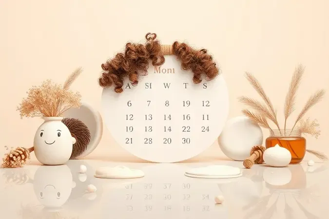 Calendário conceitual ilustrando frequência de hidratação para cabelos cacheados com elementos abstratos 3D.