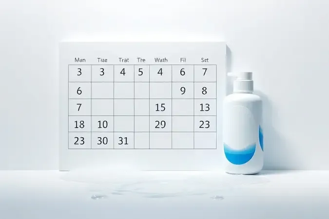 Frequência de lavagem do cabelo liso representada por calendário limpo, gotas de água e frasco de shampoo minimalista.