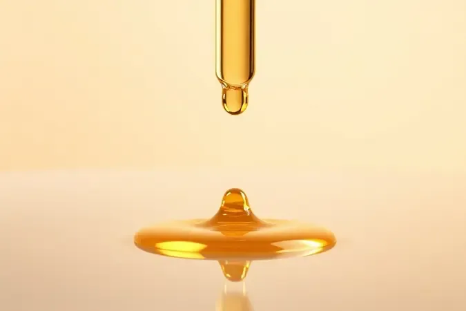 Gota de sérum dourado caindo de pipeta de vidro em close-up conceitual 3D representando ativos de skincare.