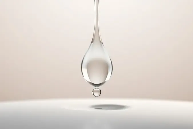 Renderização 3D de gota de sérum translúcido representando textura leve e concentrada de produto facial.
