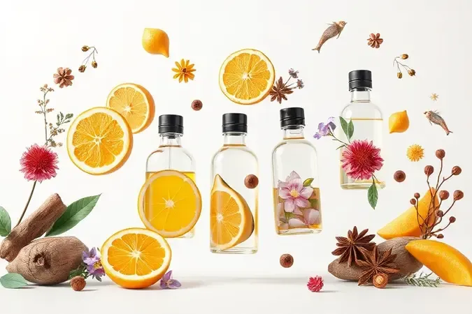 Render 3D de guia de famílias aromáticas com frascos de vidro e ingredientes naturais