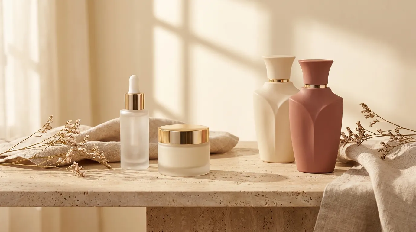 Flat lay de produtos de skincare premium em luz natural