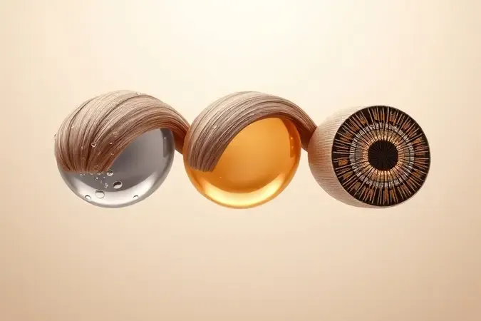 Render 3D comparativo de fios de cabelo representando hidratação, nutrição e reconstrução capilar.