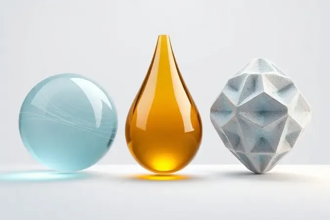 Composição 3D com três elementos distintos representando hidratação, nutrição e reconstrução capilar em tons contrastantes.