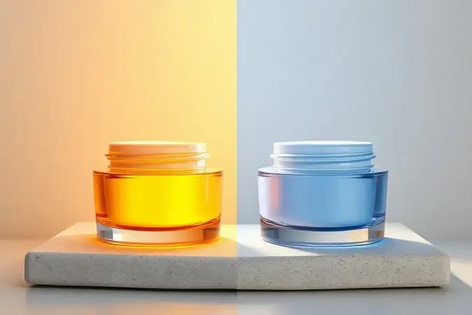 Conceito 3D de hidratantes de dia e noite com luz solar quente e luar suave em composição neutra.